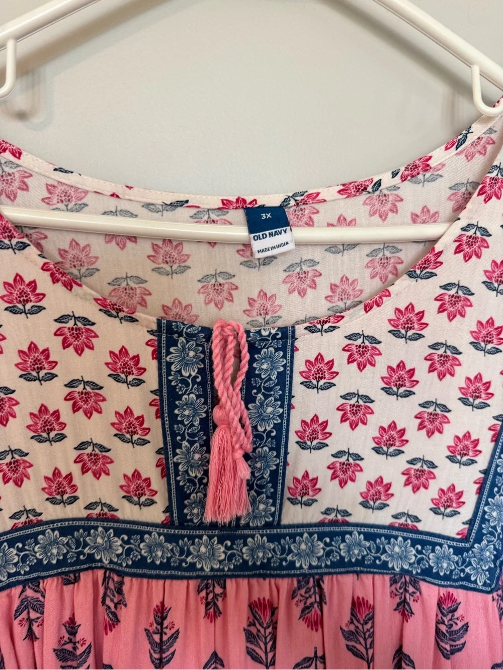 Old Navy Pink Floral Printed Smock Dress with Blue Trim